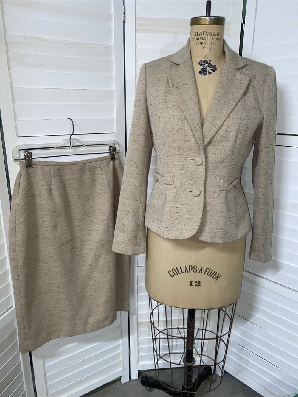 2 Pc Cato Skirt Suit Set Size Blazer & Pencil Skirt Lined Tan Tweed S/M